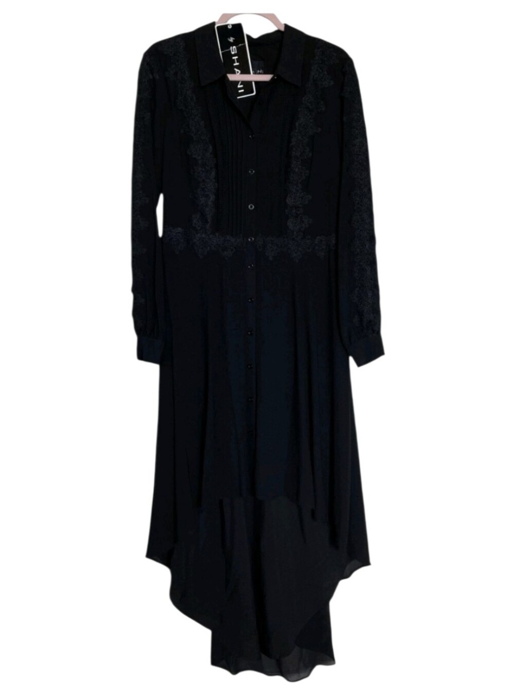 Shani Beautiful Black Lace-Trim Long Sleeve Button-Front Dress